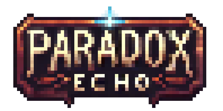Logo des Spieleverlags Paradox Echo auf schwarzem Hintergrund. Das Logo zeigt den Schriftzug „PARADOX ECHO“ in einer stilisierten, hellen Serifenschrift, eingefasst von einem dekorativen Rahmen in rötlichen und kupferfarbenen Tönen. Über der Mitte des Logos befindet sich ein leuchtender, blauer Kristall oder Stern, der einen Lichtschein ausstrahlt und den Fantasy-Charakter des Designs unterstreicht. Die Gestaltung vermittelt eine mystische Atmosphäre und passt zum visuellen Stil von Fantasyspielen.