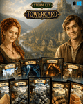 TowerCard Digital Edition Steam-Key Cover mit zwei Charakteren und Ressourcenkarten