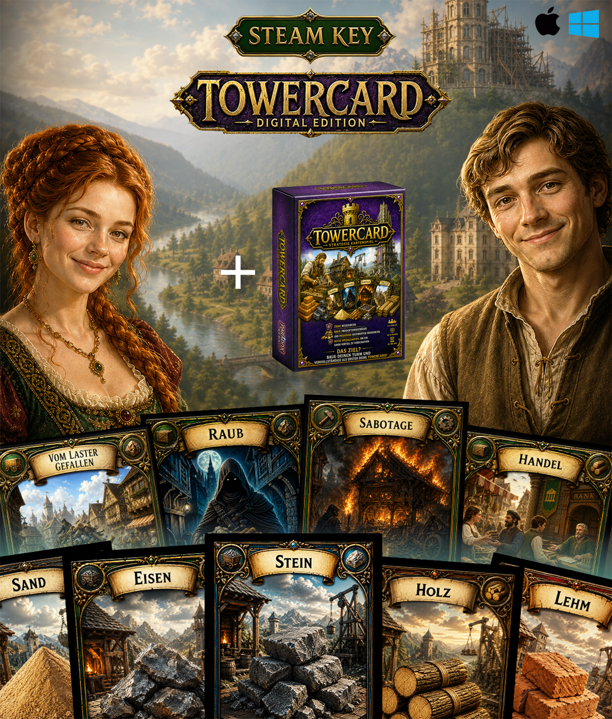 TowerCard Digital Edition mit Steam Key und physischer Kartenspiel-Verpackung sowie Ressourcenkarten