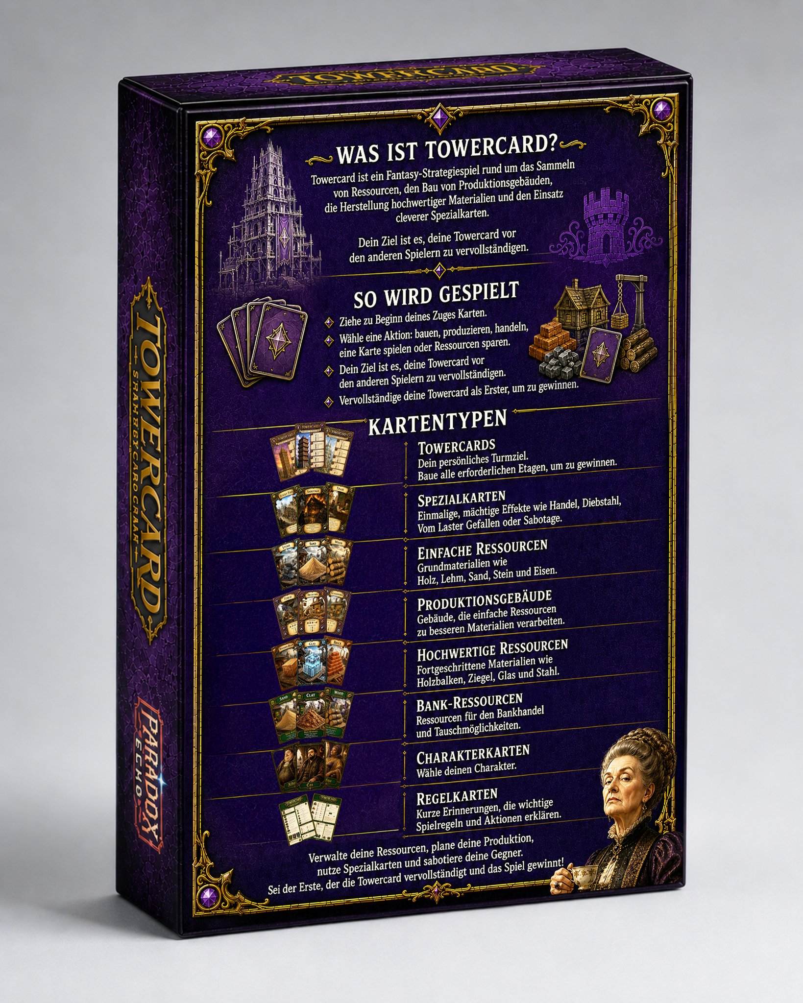 Rückseite der Spielbox des Fantasy-Strategiespiels „TowerCard“ vor hellem Hintergrund. Die Verpackung ist in dunklem Violett mit goldenen Verzierungen gestaltet und erklärt die Spielidee sowie den Ablauf. Im oberen Bereich wird beschrieben, dass die Spieler Ressourcen sammeln, Produktionsgebäude errichten, hochwertige Materialien herstellen und Spezialkarten einsetzen, um ihre persönliche TowerCard vor den Mitspielern zu vervollständigen. 